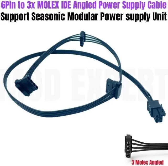 Main image of 6Pin to 3x Molex IDE 4Pin Angle Peripheral Power Cable for Seasonic FOCUS GX-1000, GX-850, GX-750, GX-650, GX-550 GOLD Modular