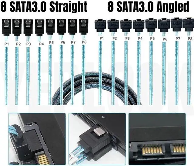 Alt view image 2 of 6 - 0.7 Meter 8 SATA3.0 Straight to Angled 6Gbps Data Cable for BTC Mining, NAS, HDD SSD, Optical CD DVD Drive, Computer Server Host