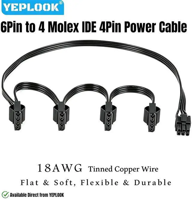 Alt view image 2 of 7 - YEPLOOK 6Pin to 4 Molex Straight IDE 4Pin PATA Perif PERIPHERAL Power Supply Cable for Corsair RM1000x, RM850x, RM750x, RM650x, RM550x, RM-x Type 4 Modular Powers, 18AWG Tinned Copper Wire, 20+3x6inch
