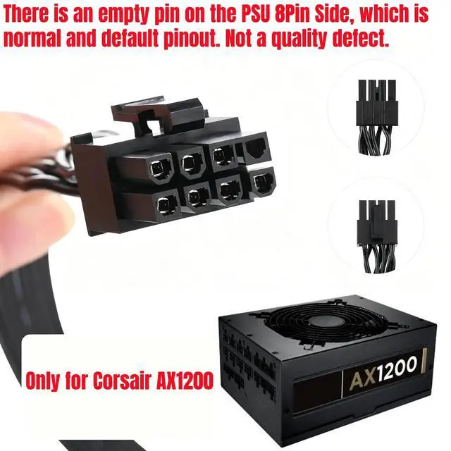 Alt view image 5 of 7 - YEPLOOK PCIe 8Pin 6+2Pin Single 8Pin Flat GPU Power Cable for Corsair AX1200 1200W Modular Power, 18AWG Tinned Copper Wire, 60 CM/ 23.6in/1.97ft.