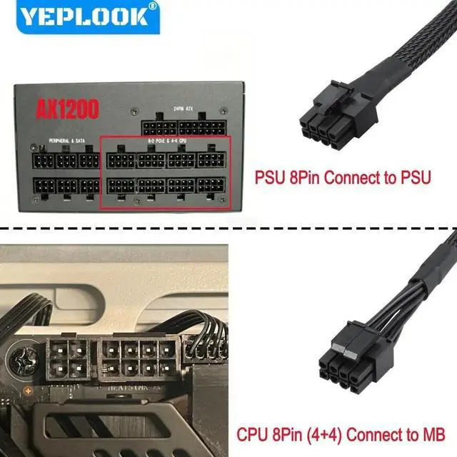 Alt view image 2 of 7 - YEPLOOK CPU Power Cable Sleeved Net, EPS/ATX12V Single 8Pin 4+4Pin for Corsair AX1200 1200W Gold Modular Power, 18AWG Tinned Copper Wire 60 CM/ 23.6in/1.97ft