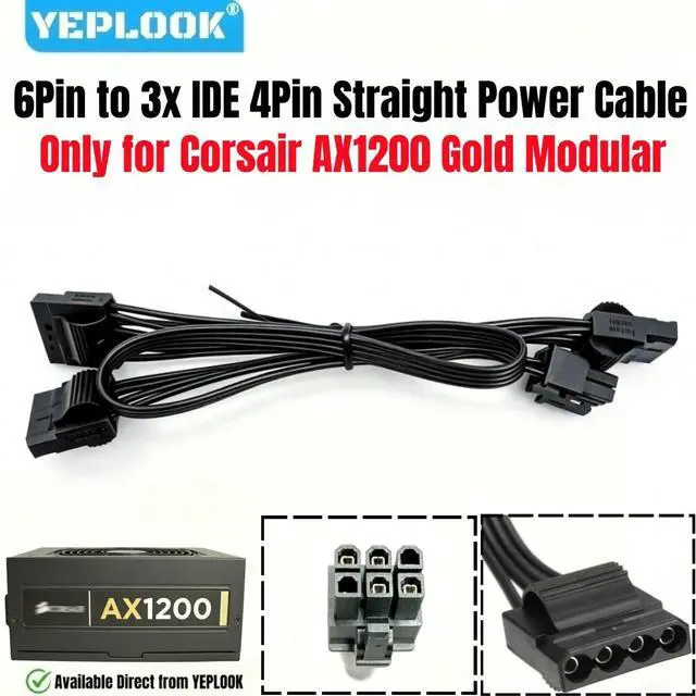 Main image of YEPLOOK 6Pin to 3x IDE 4Pin Straight for Corsair AX1200 Gold, PATA PERIF Peripheral Power Cable for Corsair Professional AX1200 GOLD Modular Power PSU, 50+15+15 CM 18AWG Tinned Copper Wire