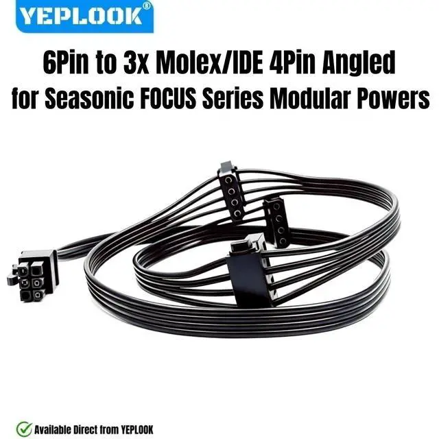 Alt view image 2 of 6 - 6Pin to 3x Molex IDE 4Pin Right Angle PATA Power Cable for Seasonic FOCUS Platinum & Gold 550W, 650W, 750W, 850W, 1000W Modulars
