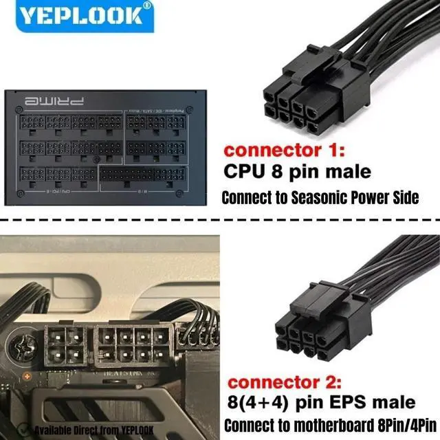 Alt view image 2 of 6 - Single CPU Power Cable 8Pin 4+4 EPS/ATX12V for Seasonic FOCUS 550W, 650W, 750W, 850W, 1000W Platinum & Gold Series Modular Power