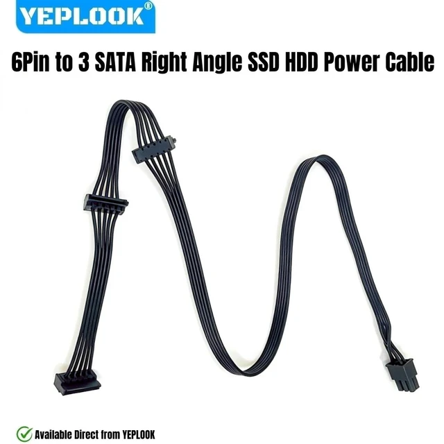 Alt view image 2 of 6 - YEPLOOK 6Pin to 3 SATA Angle HDD SSD Power Cable for Seasonic CORE GX/GM/GC 650W, 550W, 500W All Series Modular Powers, 18AWG 50+15+15CM