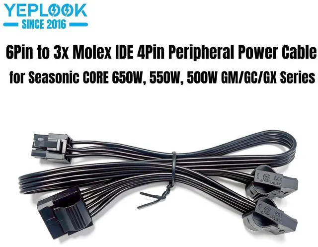 Main image of YEPLOOK 6Pin to 3x Molex/IDE Straight Peripheral PATA 4Pin Power Cable for Seasonic CORE 650W, 550W, 500W GM/GC/GX Series Modular Powers