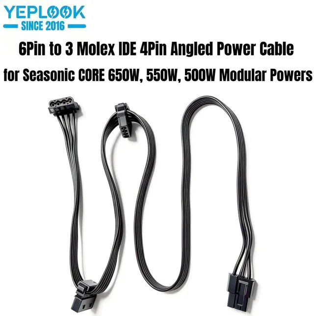 Main image of YEPLOOK 6Pin to 3x Molex IDE 4Pin Angled Perif Power Cable for Seasonic CORE 650W, 550W, 500W GC/GX/GM Series Modular Powers, 50+15+15CM