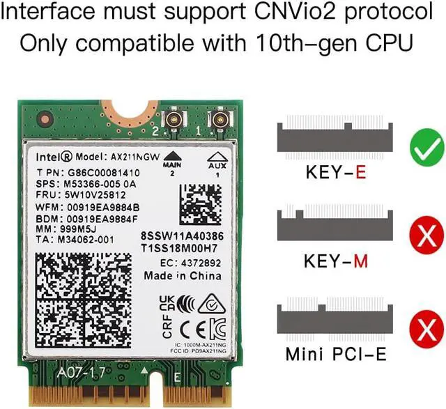 Alt view image 3 of 4 - AX211NGW Wi-Fi 6E M.2 Key E CNVio 2 Dual Band 2.4Ghz/5Ghz Wireless Adapter Card 802.11ac Bluetooth-compatible 5.2 For Windows 10