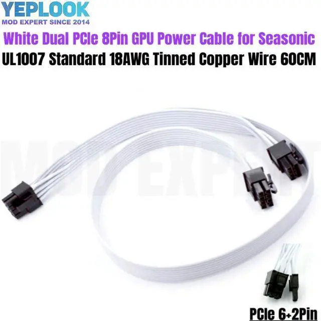 Main image of YEPLOOK White PCIe Dual 8Pin 6+2Pin Graphic Card GPU Power Cable for Seasonic PRIME SnowSilent 750W Titanium, 650W Platinum, 550W Gold Modular Power, 18AWG 60+20CM