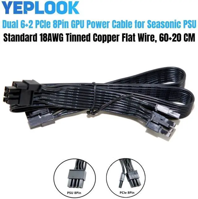 Main image of YEPLOOK PSU 8Pin to Dual 8Pin 6+2pin PCIe Graphics Card GPU Power Cable for SEASONIC PRIME Titanium 1000W, 850W, 750W, 650W Modular Power, 18AWG Flat Cable 60+20cm