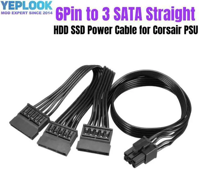 Main image of YEPLOOK 6Pin to 3 SATA Straight, SSD HDD Hard Disk Drive Power Cable for Corsair AX1600i Type 4 Modular Power Supply, 50+15+15 CM 18AWG
