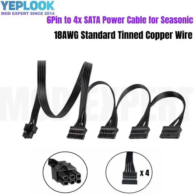 Main image of YEPLOOK 6Pin to 4 SATA Straight HDD SSD Power Cable for Seasonic CORE GM-650, GM-550, GM-500 Semi Modular Power Supply