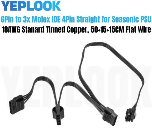 Main image of YEPLOOK 6Pin to 3x Molex IDE 4Pin Straight, PATA Perif Power Cable for Seasonic FOCUS SGX 750 650 550 500 450 GOLD Modular Power