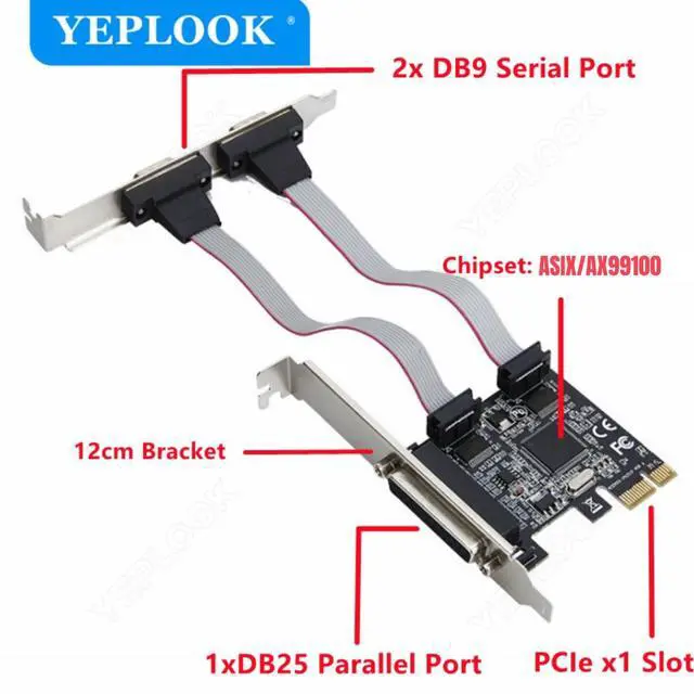 Alt view image 2 of 6 - YEPLOOK PCIe to 2x DB9 RS232 COM Serial Port+ 1x DB25 Parallel Port Printer LPT Adapter Card Chipset ASIX/AX99100 for Desktop Computer