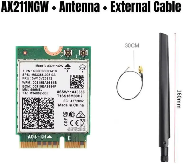 Main image of YEPLOOK WiFi 6E AX211NGW Tri-Band 2.4G/5G/6Ghz Wireless Network Wifi Card Adapter for Bluetooth 5.2 AX211 M.2 KeyE CNVio Windows11 with 1x Antenna & 1x Cable
