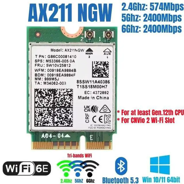 Alt view image 2 of 7 - YEPLOOK WiFi 6E AX211NGW Tri-Band 2.4G/5G/6Ghz Wireless Network Wifi Card Adapter for Bluetooth 5.2 AX211 M.2 KeyE CNVio Windows11 with 1x Antenna & 1x Cable