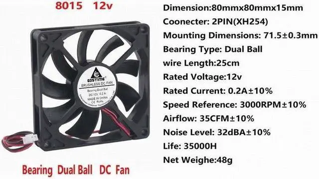 Alt view image 5 of 6 - Ball Bearing 12V 8cm 80mm 80x80x15mm 2pin Brushless PC CPU fan Cooling Fan