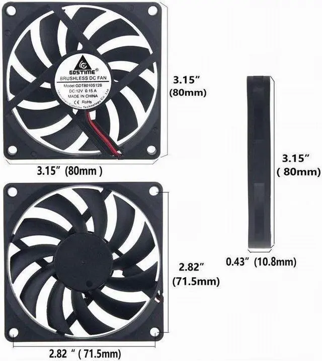 Alt view image 5 of 7 - 12V 8cm 80mm 80x80x10mm 2pin Brushless PC CPU Case fan Cooling Fan