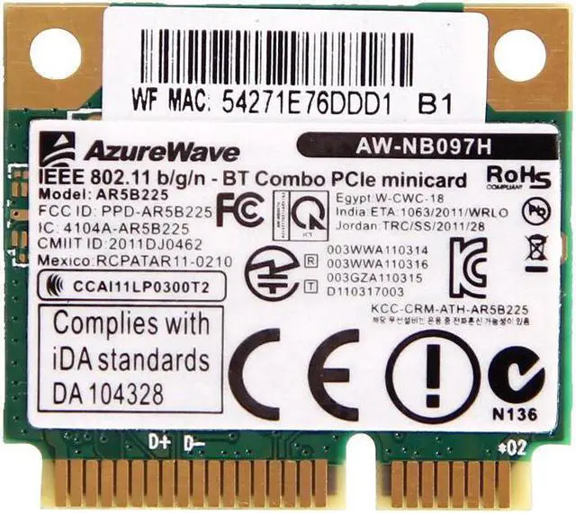 Main image of Atheros AR5B225 WIFI Wireless802.11b/g/n Bluetooth 4.0 Half Mini PCI-E Card