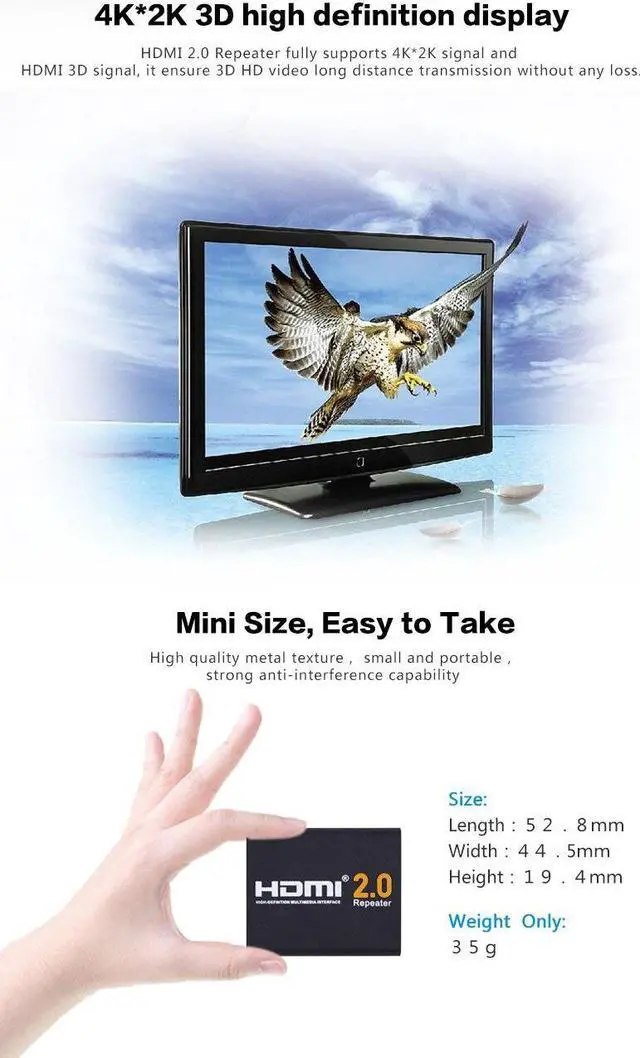 Alt view image 3 of 5 - 1080P@60HZ HDCP 2.2 EDID Bandwidth Up 60M HDMI Extender HDMI 2.0 Splitter Repeater Signal Amplifier Booster Adapter