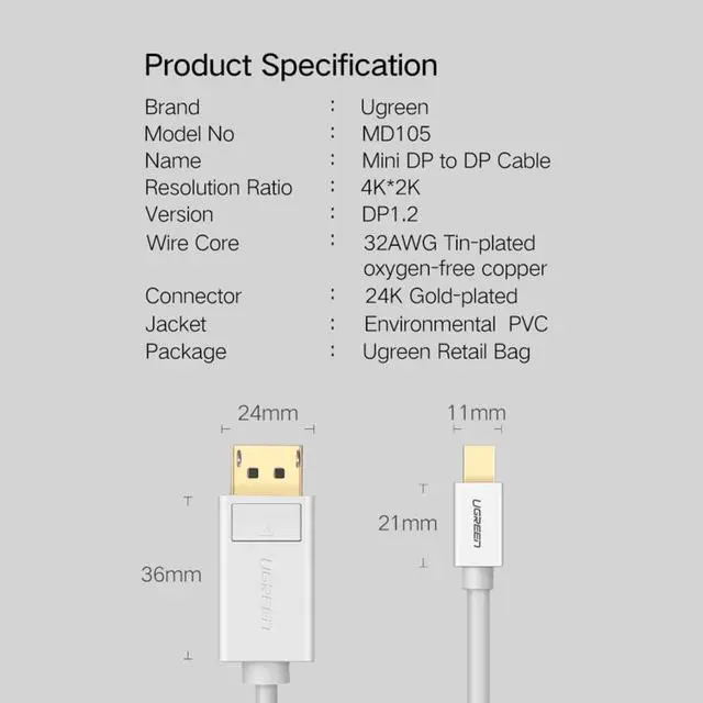 Alt view image 7 of 7 - Ugreen MD105 1.5m 4K HD Thunderbolt Mini Display Port to DisplayPort Converter Cable