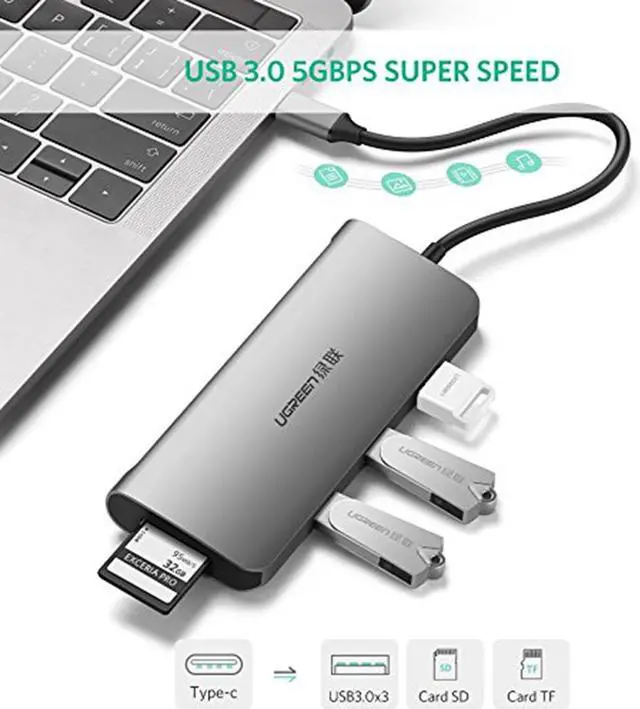 Alt view image 4 of 7 - UGREEN CM179 8 in 1 VGA & HDMI & Gigabit Ethernet Port & USB-C / Type-C Charging Port & 3 x USB3.0 & TF / SD Card Slot to USB-C / Type-C Male HUB Splitter Adapter, Total Length: 10cm