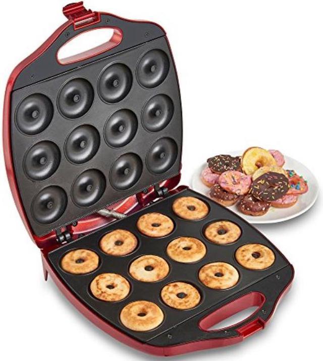 13a138US VonShef 12 Mini Donut Electric Maker Kit Set, Small Donut Snack  Machine, Red