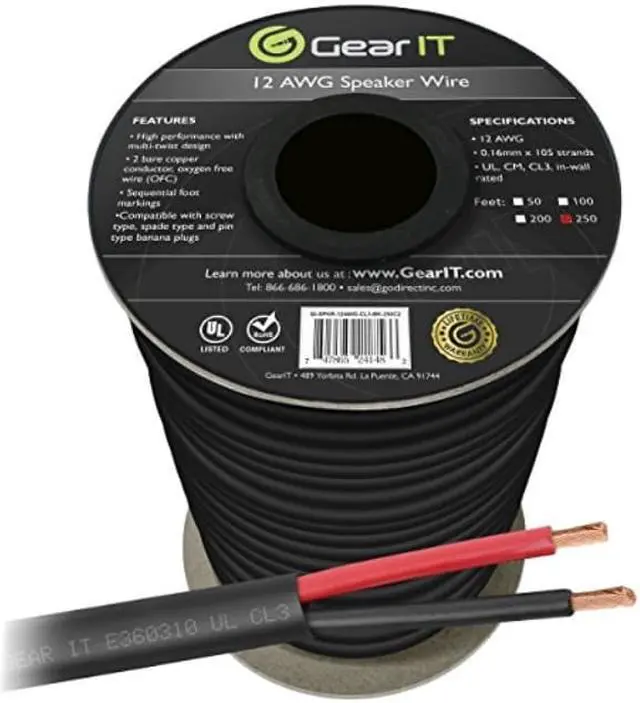 Alt view image 2 of 9 - 12 AWG CL3 OFC Outdoor Speaker Wire, GearIT Pro Series 12 Gauge (250 Feet / 76.2 Meters / Black) Oxygen Free Copper UL CL3 Rated for Outdoor Direct Burial and In-Wall Installation Speaker Cable