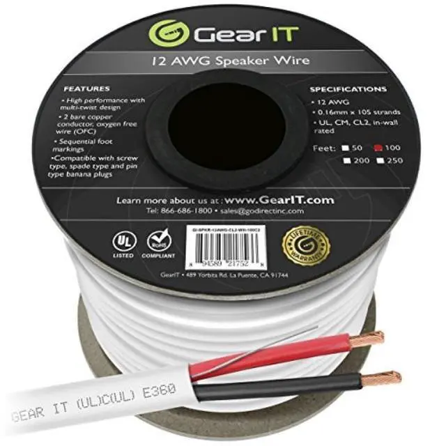 Alt view image 7 of 8 - 12 AWG CL2 OFC In Wall Speaker Wire, GearIT Pro Series 12 AWG Gauge (100 Feet / 30.48 Meters / White) OFC Oxygen Free Copper UL CL2 Rated In-Wall Speaker Wire Cable for Home Theater and Car Audio