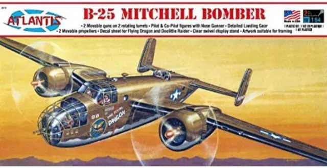 Alt view image 2 of 3 - Atlantis Hobby B-25 Mitchell Bomber The Flying Dragon with Swivel Stand 1:64 Scale Model Kit - H216