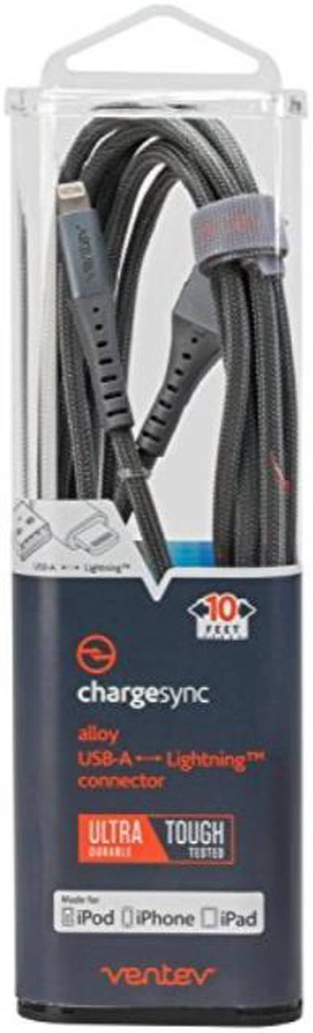 Alt view image 5 of 15 - Ventev Charge/Sync Alloy Lightning Cable 10ft Steel Gray Charge/Sync Cables