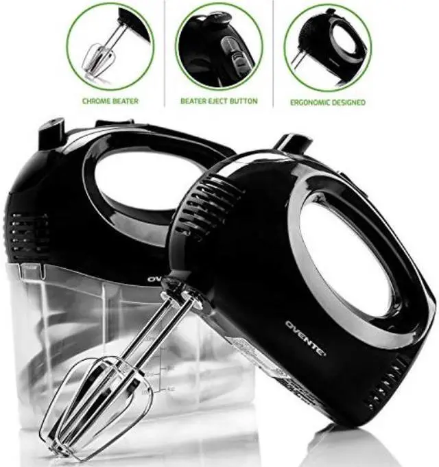 Alt view image 7 of 7 - Ovente Portable 5 Speed Mixing Electric Hand Mixer with Stainless Steel Whisk Beater Attachments & Snap Storage Case, Compact Lightweight 150 Watt Powerful Blender for Baking & Cooking, Black HM151B