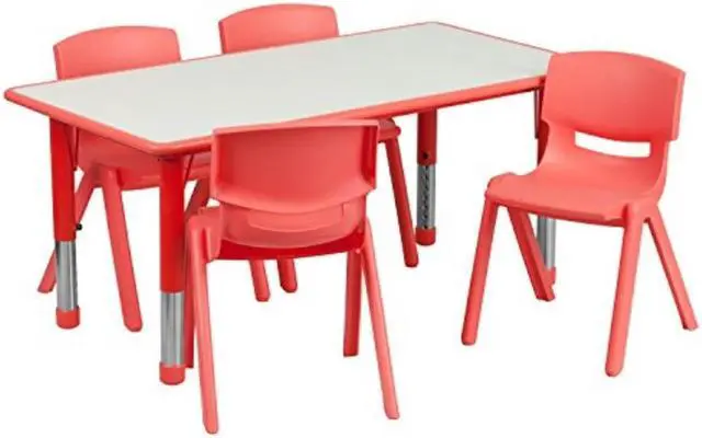 Alt view image 5 of 19 - 23.625''W x 47.25''L Rectangular Red Plastic Height Adjustable Activity Table Set with 4 Chairs