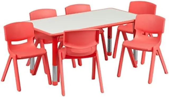 Alt view image 5 of 14 - 23.625''W x 47.25''L Rectangular Red Plastic Height Adjustable Activity Table Set with 6 Chairs