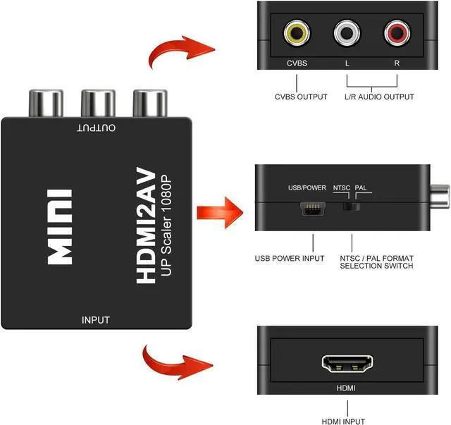 Alt view image 2 of 7 - HDMI to RCA, DIGITNOW 1080P Mini HDMI to Analogue AV 3RCA CVBS Composite HD Video Audio Converter Adpter Supports PAL/NTSC with USB Charge Cable for PC Laptop PS4 PS3 Xbox Blue-Ray HDTV Camera DVD