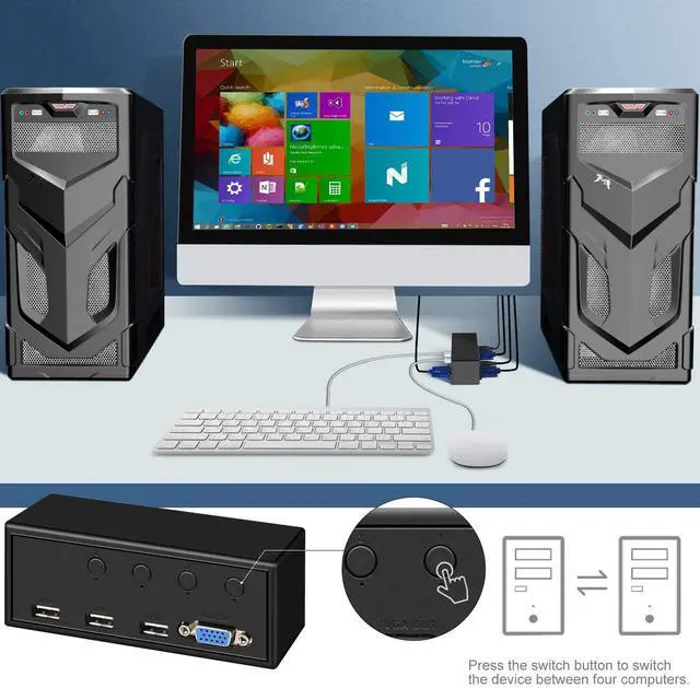 Alt view image 4 of 7 - 4 Port USB KVM Switch Box, VGA Monitor Switcher 4 in 1 Out Support 1080P for 4 Computers Sharing one HD Monitor and one Keyboard, Mouse, and Printer.
