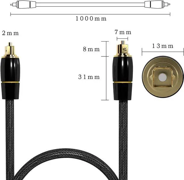 Alt view image 5 of 6 - Digital Optical Audio Cable Toslink Cable(3.3 Feet)-[Flawless Audio,Ultra-Durable] Home Theater Fiber Optic Male to Male Gold Plated for Sound Bar, TV, PS, Xbox, Samsung