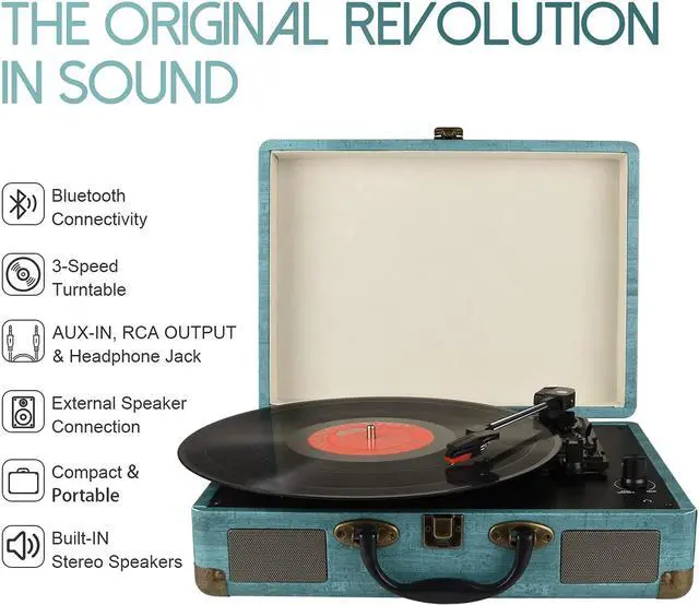 Alt view image 5 of 7 - Record Player Vintage 3-Speed Bluetooth Vinyl Turntable with Stereo Speaker, Belt Driven Suitcase Vinyl Record Player