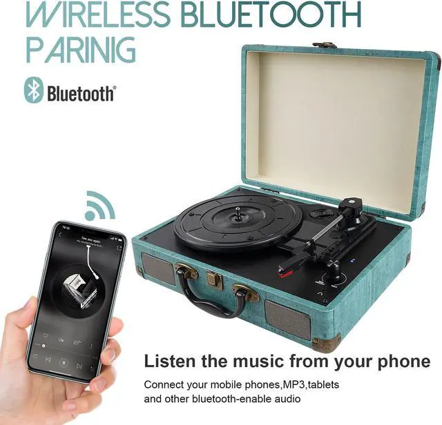 Alt view image 3 of 7 - Record Player Vintage 3-Speed Bluetooth Vinyl Turntable with Stereo Speaker, Belt Driven Suitcase Vinyl Record Player