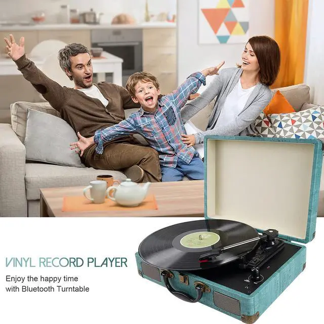 Alt view image 6 of 7 - Record Player Vintage 3-Speed Bluetooth Vinyl Turntable with Stereo Speaker, Belt Driven Suitcase Vinyl Record Player