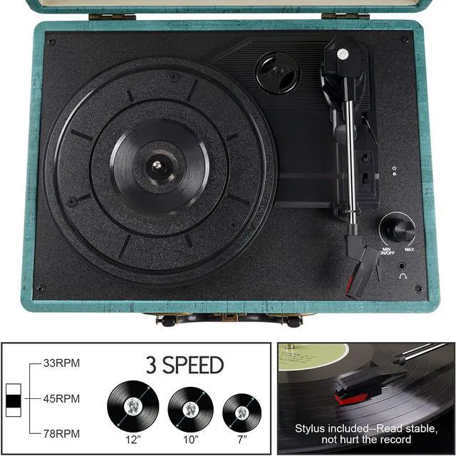 Alt view image 4 of 7 - Record Player Vintage 3-Speed Bluetooth Vinyl Turntable with Stereo Speaker, Belt Driven Suitcase Vinyl Record Player