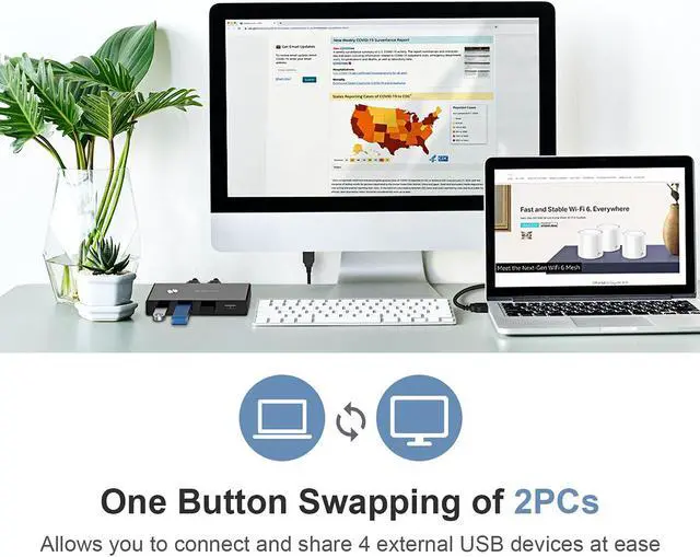 Alt view image 6 of 7 - USB 3.0 Switch Selector, KVM Switcher for 2 PC Sharing 4 USB Devices, One-Button Swapping for Keyboard, Mouse, Scanner, Printer, Computer