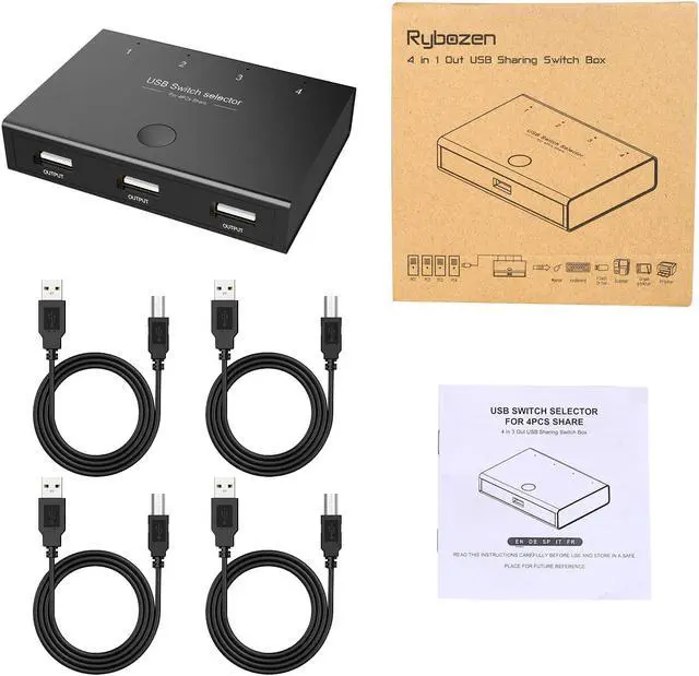 Alt view image 7 of 7 - USB Switch Selector, KVM Switcher for 4 PC Sharing 3 USB Devices, One-Button Swapping for Keyboard, Mouse, Scanner, Printer, Computer, with 4 USB Cables