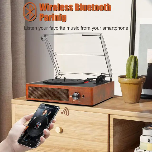 Alt view image 4 of 6 - Bluetooth Record Player Belt-Driven 3-Speed Turntable, Vintage Vinyl Record Players Built-in Stereo Speakers, with Headphone Jack/ Aux Input/ RCA Line Out