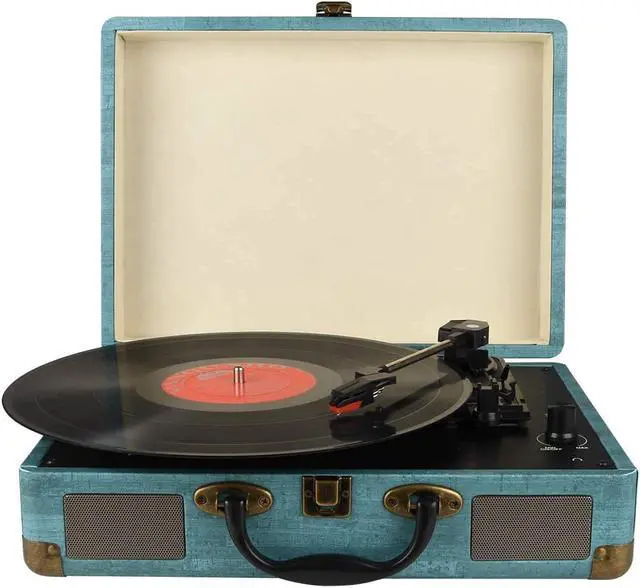 Alt view image 7 of 7 - Record Player Vintage 3-Speed Bluetooth Vinyl Turntable with Stereo Speaker, Belt Driven Suitcase Vinyl Record Player