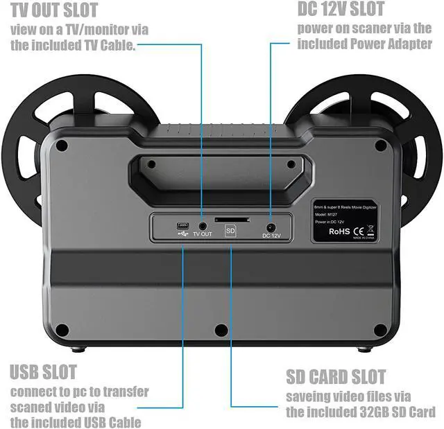 Alt view image 5 of 6 - 8mm & Super 8 Reels to Digital MovieMaker Film Sanner Converter, Pro Film Digitizer Machine with 2.4" LCD, Black (Convert 3 inch and 5 inch 8mm Super 8 Film reels into Digital) with 32 GB SD Card