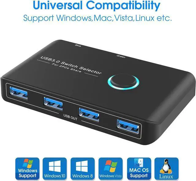 Alt view image 5 of 7 - USB 3.0 Selector KVM Switch for 2 Computers Sharing 4 USB Devices Peripheral Switcher Box Hub for Mouse, Keyboard, Scanner, Printer; for Mac/Windows/Linux; 2 Pack USB Cable Included