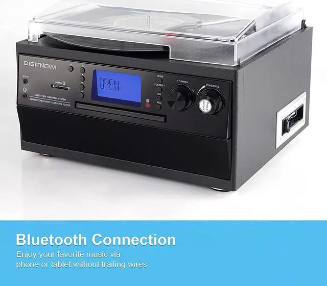 Alt view image 3 of 3 - DIGITNOW Bluetooth Record Player Turntable with Stereo Speaker, Cassette, Radio, Remote Control, Audio Music Player Built in Amplifier