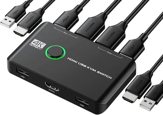 Main image of 4K KVM Switch HDMI 2 Port Box, USB HDMI Switches for 2 Computers Share Keyboard Mouse Printer and one HD Monitor, Support 4K@60Hz, with 2 USB Cables and 2 HDMI Cables