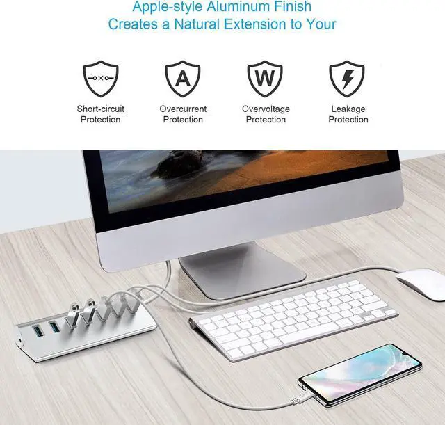 Alt view image 6 of 6 - USB 3.0 Hub 7 Ports, Aluminum USB Hub 3.0 with 5V/4A 20W Power Adapter and 4.9Ft USB Cable, USB Hub for MacBook, Mac Pro, Mac Mini, Laptop, Desktop